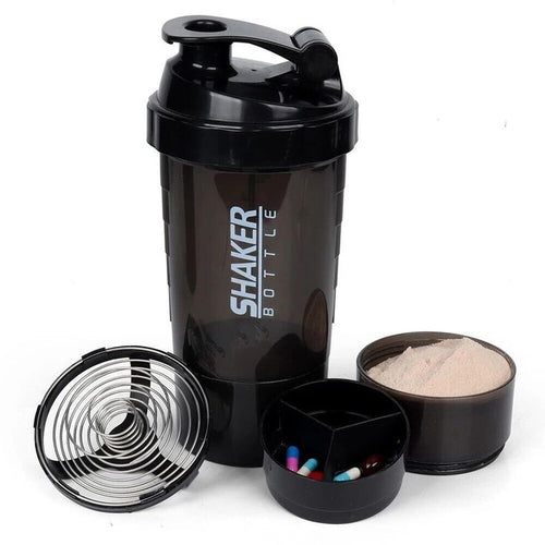 3-Layer Protein Shaker Bottle with Storage Compartments – 600ml Fitness Mixer Cup