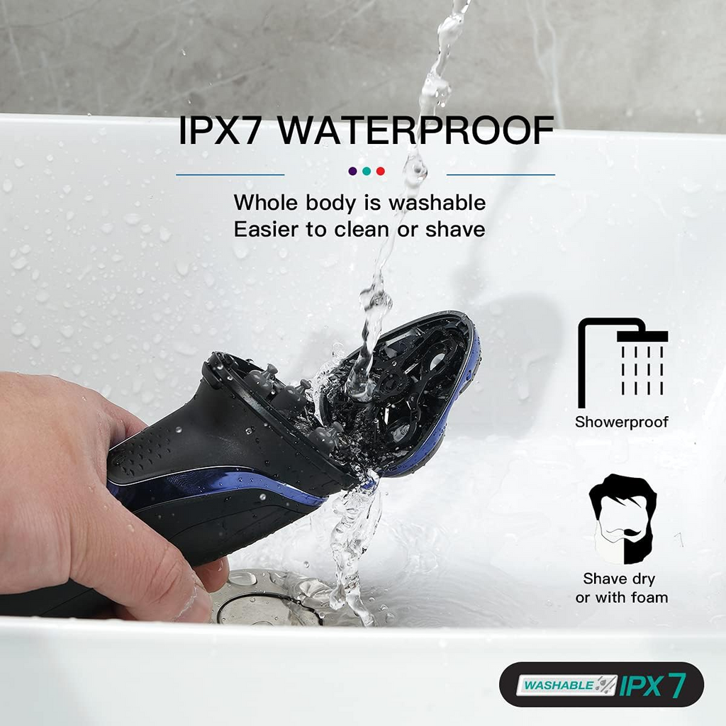 VGR V306 Waterproof Electric Shaver – Cordless Rechargeable Rotary Razor with Pop-Up Trimmer, LED Display (Blue)