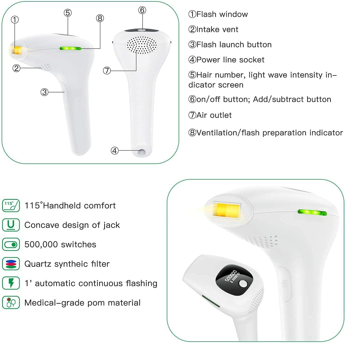 Safe and Effective IPL Permanent Laser Hair Removal Device for Face and Body for Men and Women