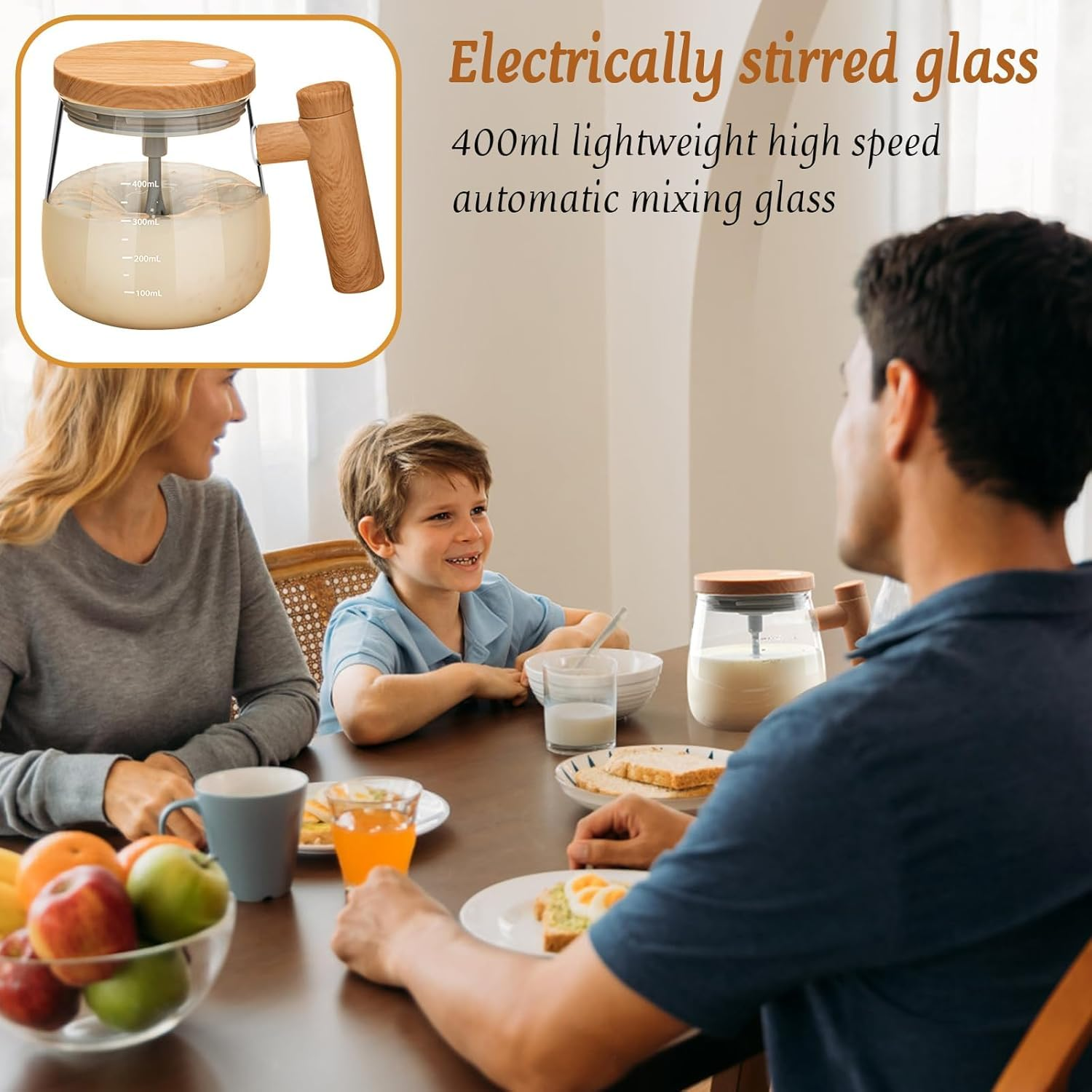 Self Stirring Coffee Mug, Glass Electric Self Mixing Cup with Lid & Handle