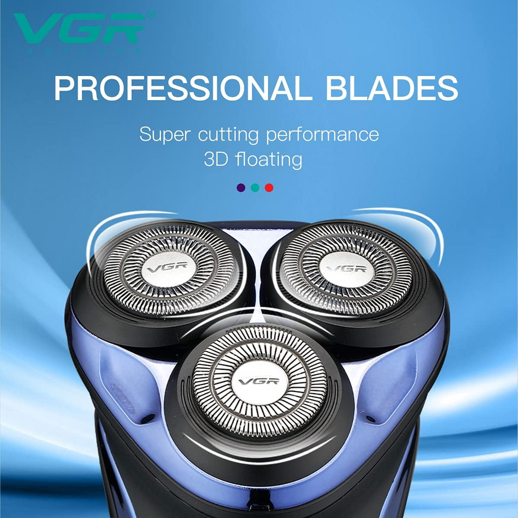 VGR V306 Waterproof Electric Shaver – Cordless Rechargeable Rotary Razor with Pop-Up Trimmer, LED Display (Blue)