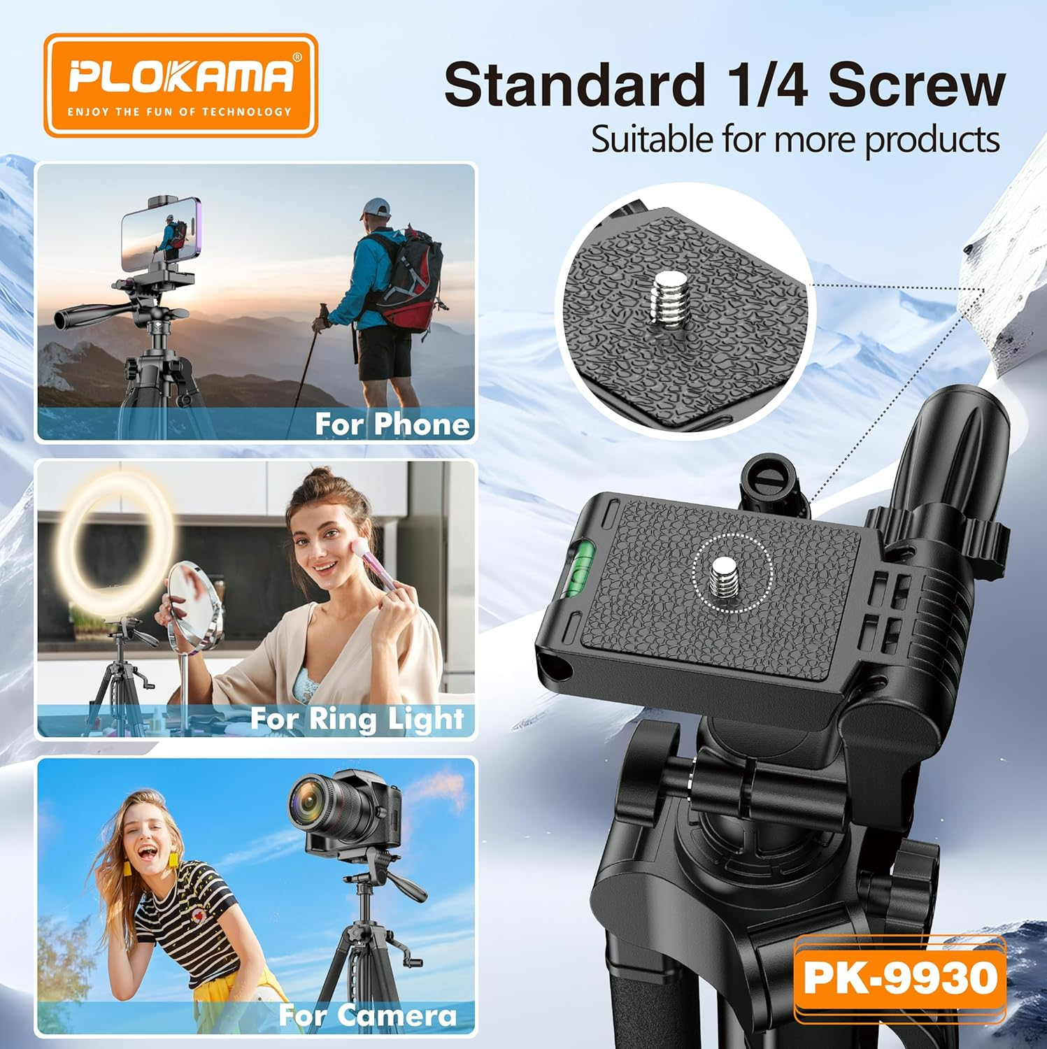 PLOKAMA Professional Tripod 150cm – 360° Rotation with Bluetooth Remote PK-9950