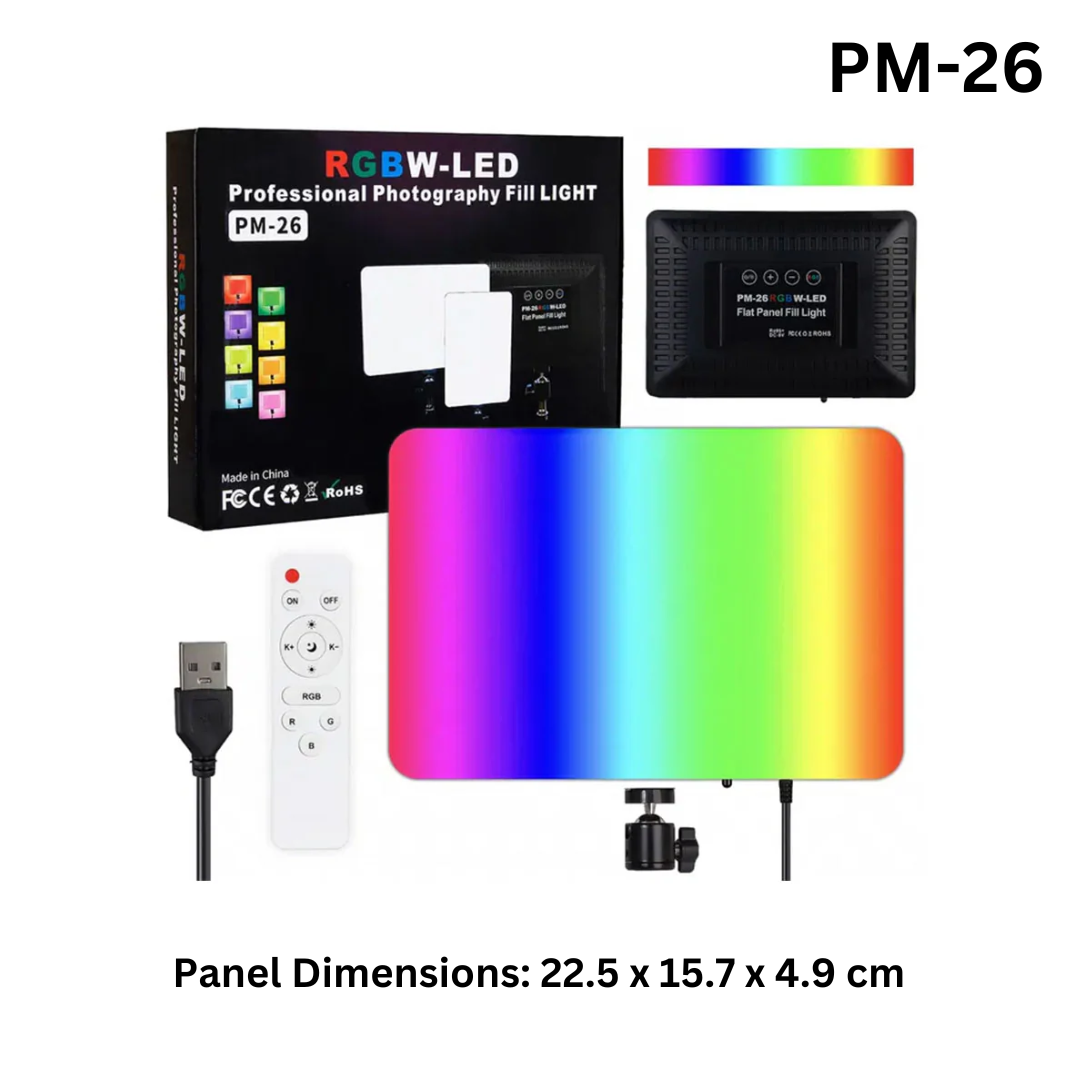 RGBW-LED PM-26 Professional Photography Fill Light – Adjustable LED Light with Remote Control for Video & Photo Ring Light