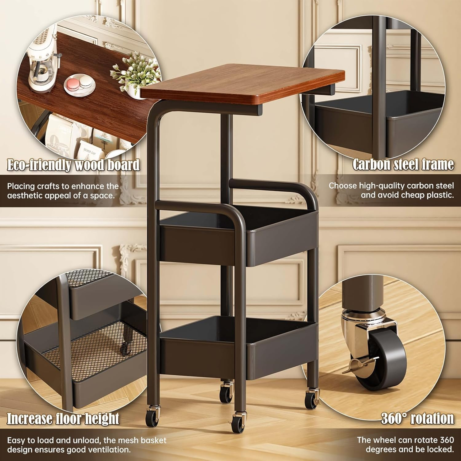 3-Tier Rolling Storage Cart, Trolley Organizer
