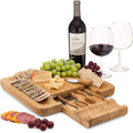 Bamboo Squared Board Wooden Serving Tray with Cutlery in Slide-Out Drawer