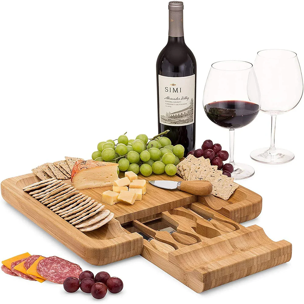 Bamboo Squared Board Wooden Serving Tray with Cutlery in Slide-Out Drawer